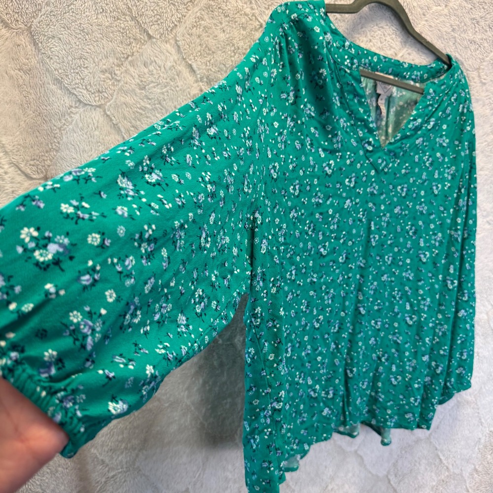 Green Ditsy Floral Long Sleeve Blouse Cottagecore Boho Spring Fall Plus Size 2X - Picture 7 of 7